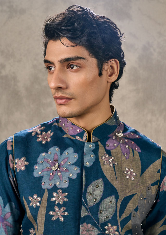 Twamev Men Dark Blue Charm Kurta Jacket Set