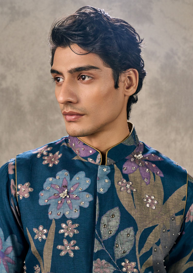 Twamev Men Dark Blue Charm Kurta Jacket Set