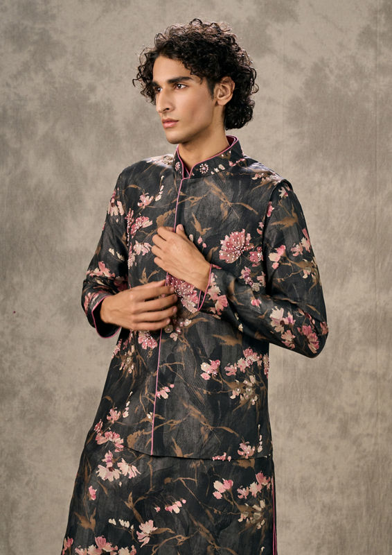 Twamev Men Black Elegance Kurta Jacket Set