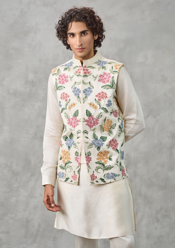 Twamev Men Cream Satin Kurta Jacket Set