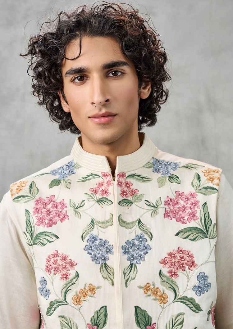 Twamev Men Cream Satin Kurta Jacket Set