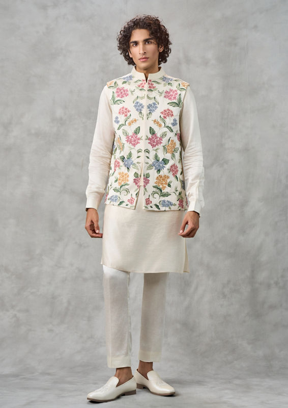 Twamev Men Cream Satin Kurta Jacket Set