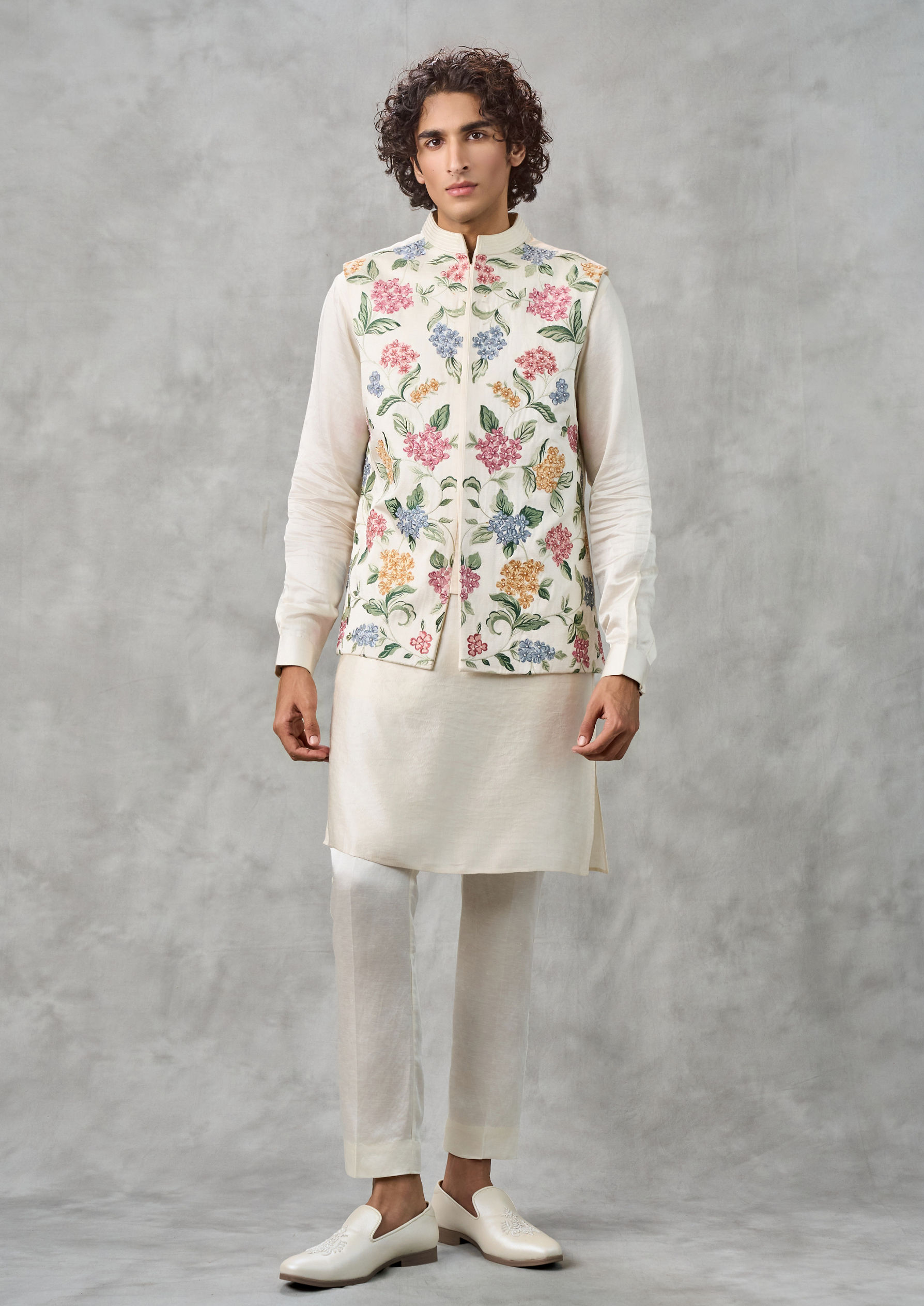 Twamev Men Cream Satin Kurta Jacket Set