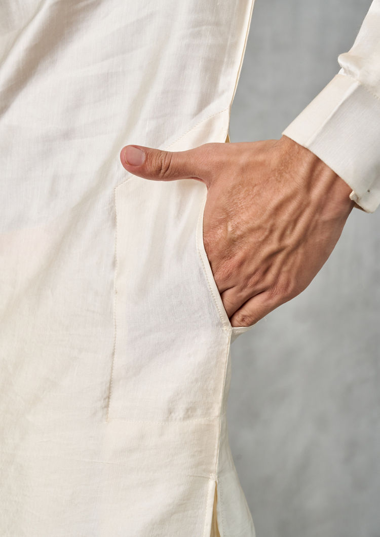 Twamev Men Cream Satin Kurta Jacket Set