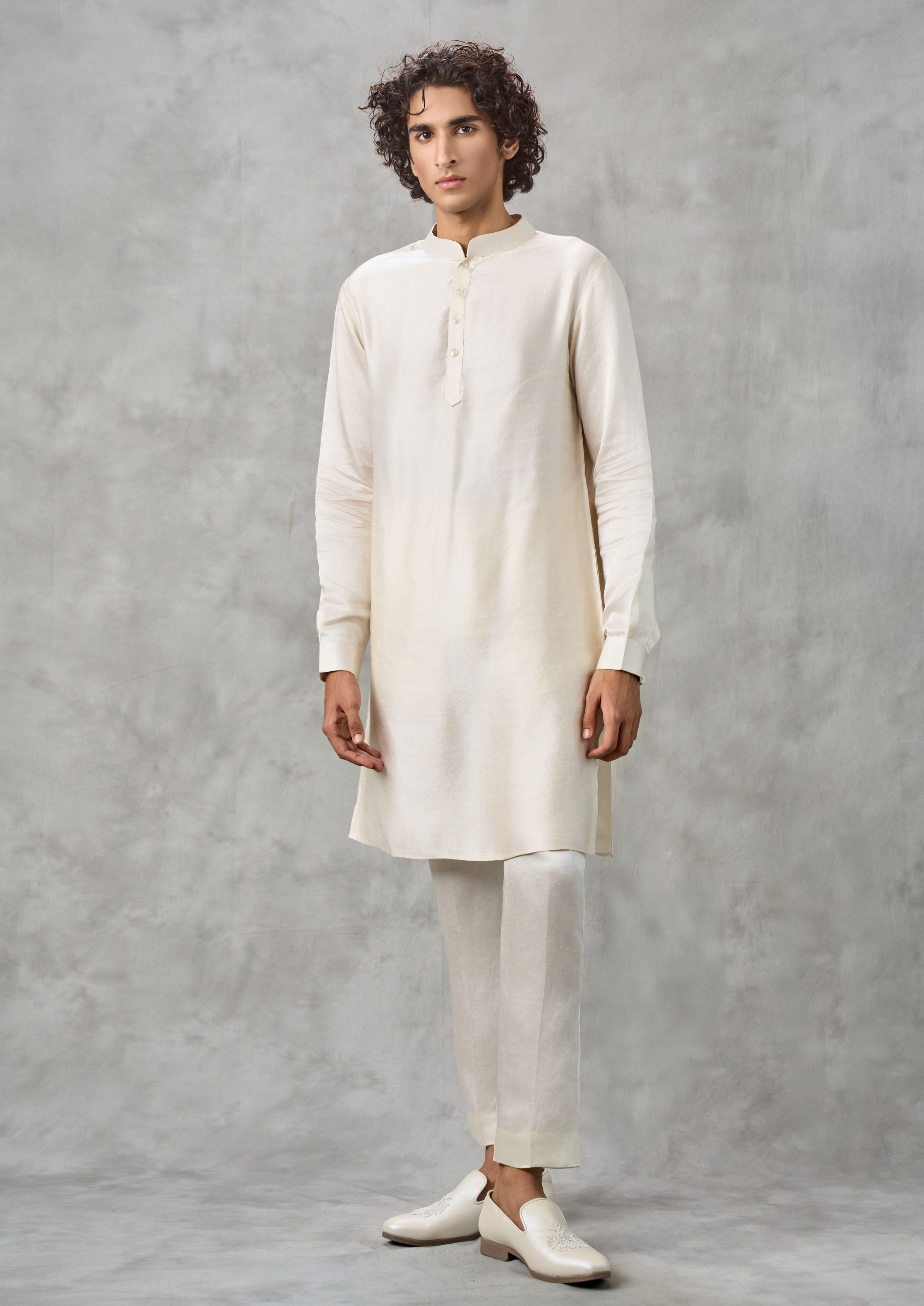Twamev Men Cream Satin Kurta Jacket Set