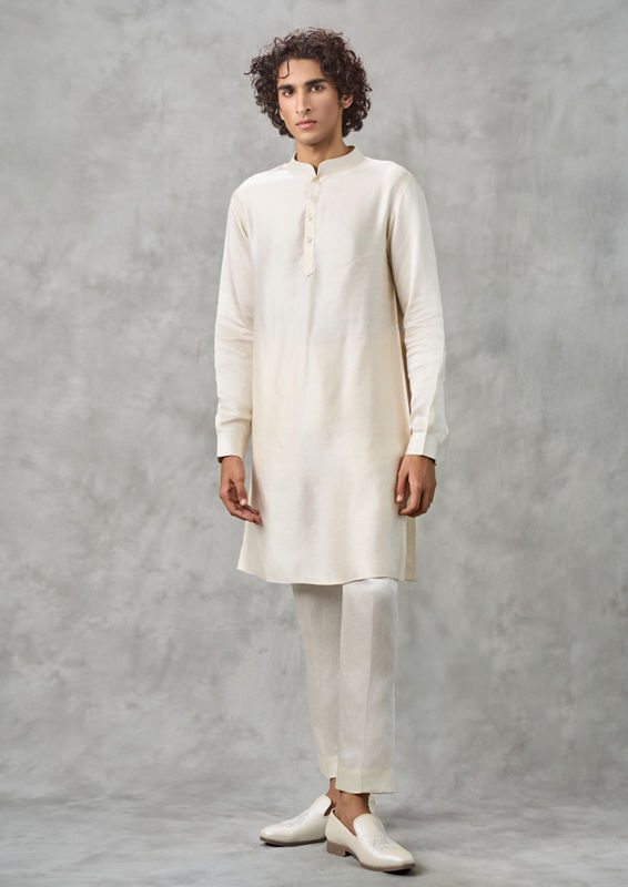 Twamev Men Cream Satin Kurta Jacket Set