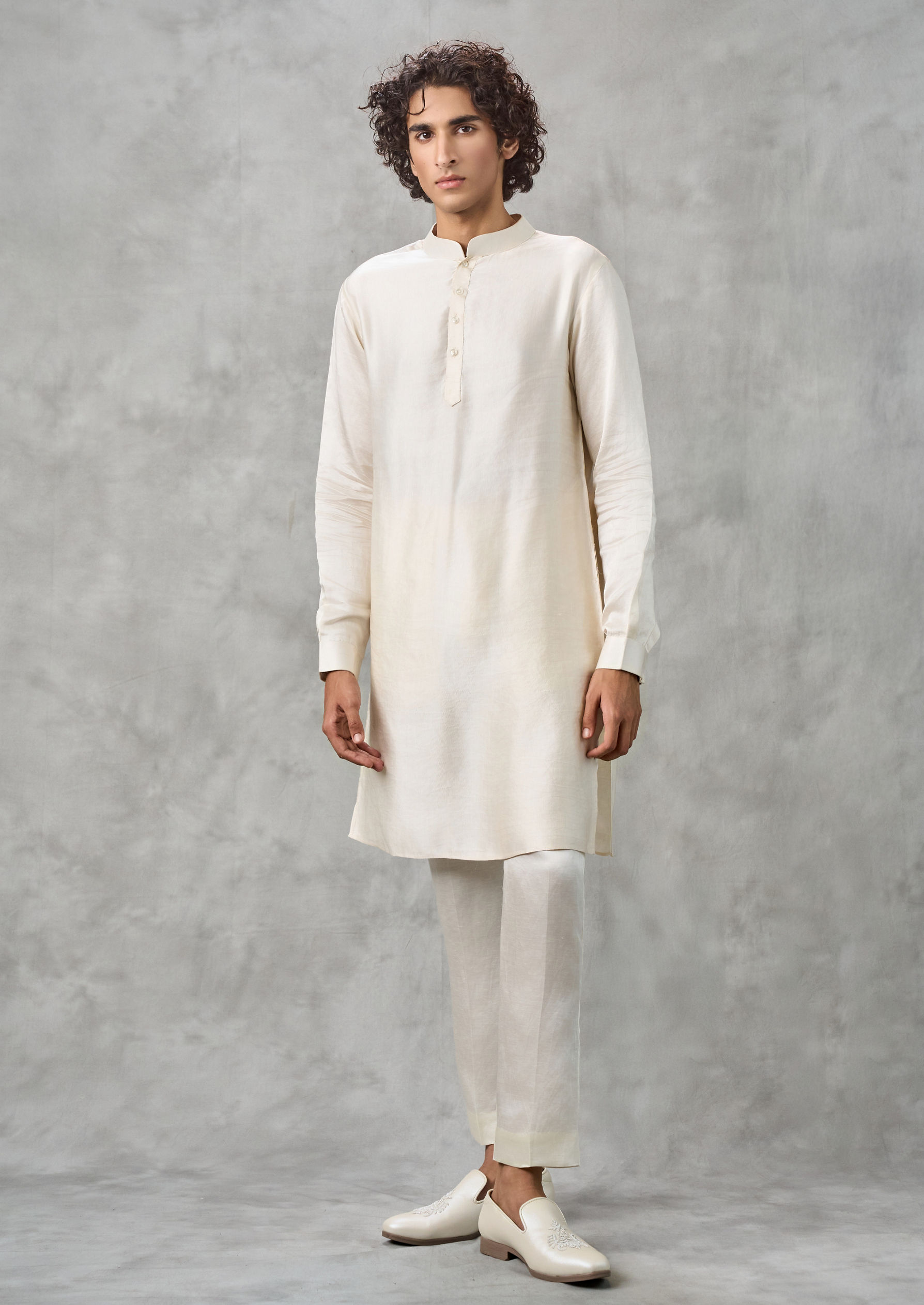 Twamev Men Cream Satin Kurta Jacket Set