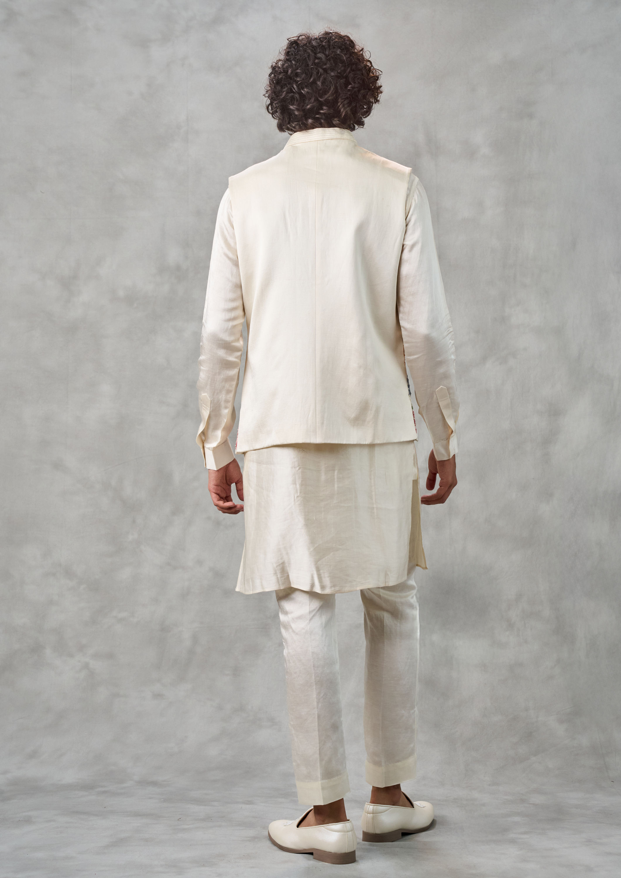 Twamev Men Cream Satin Kurta Jacket Set