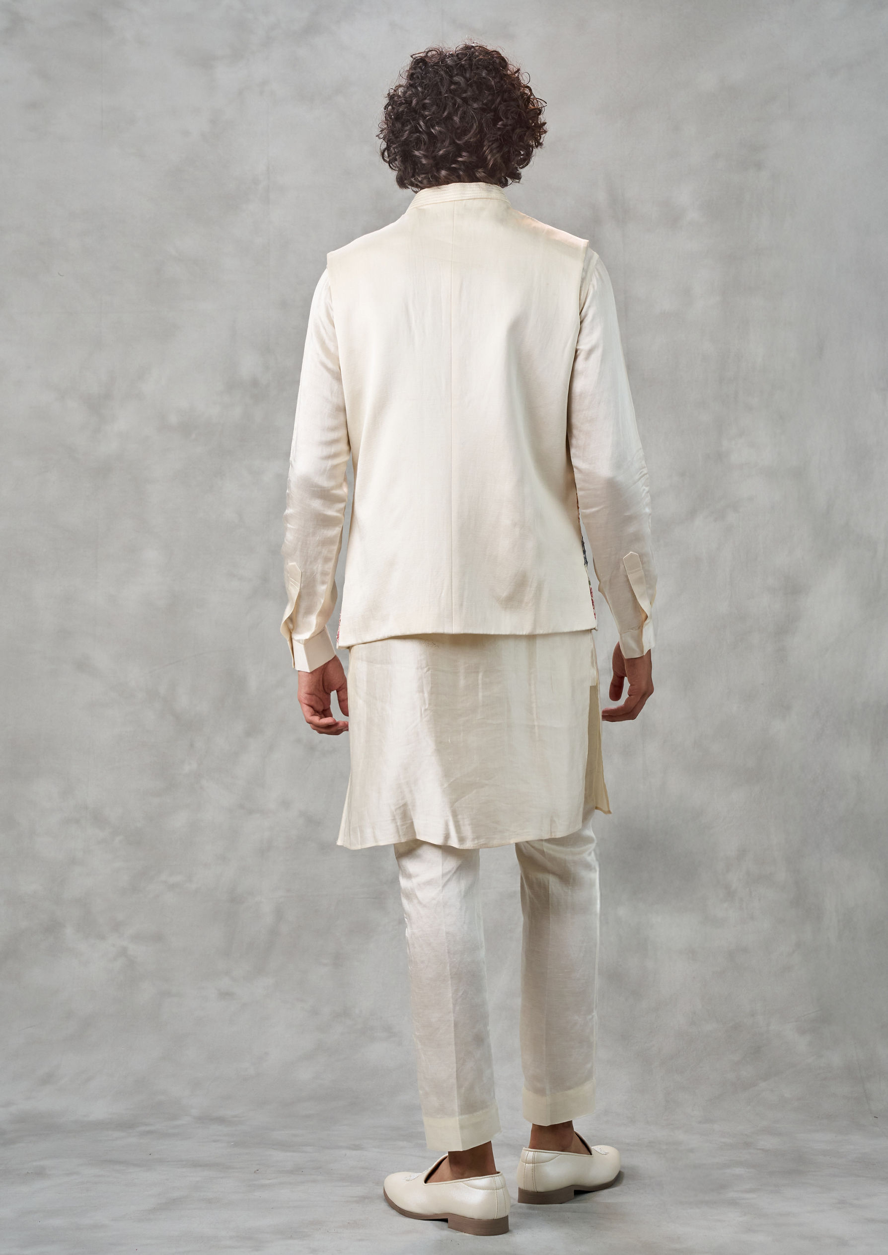 Twamev Men Cream Satin Kurta Jacket Set