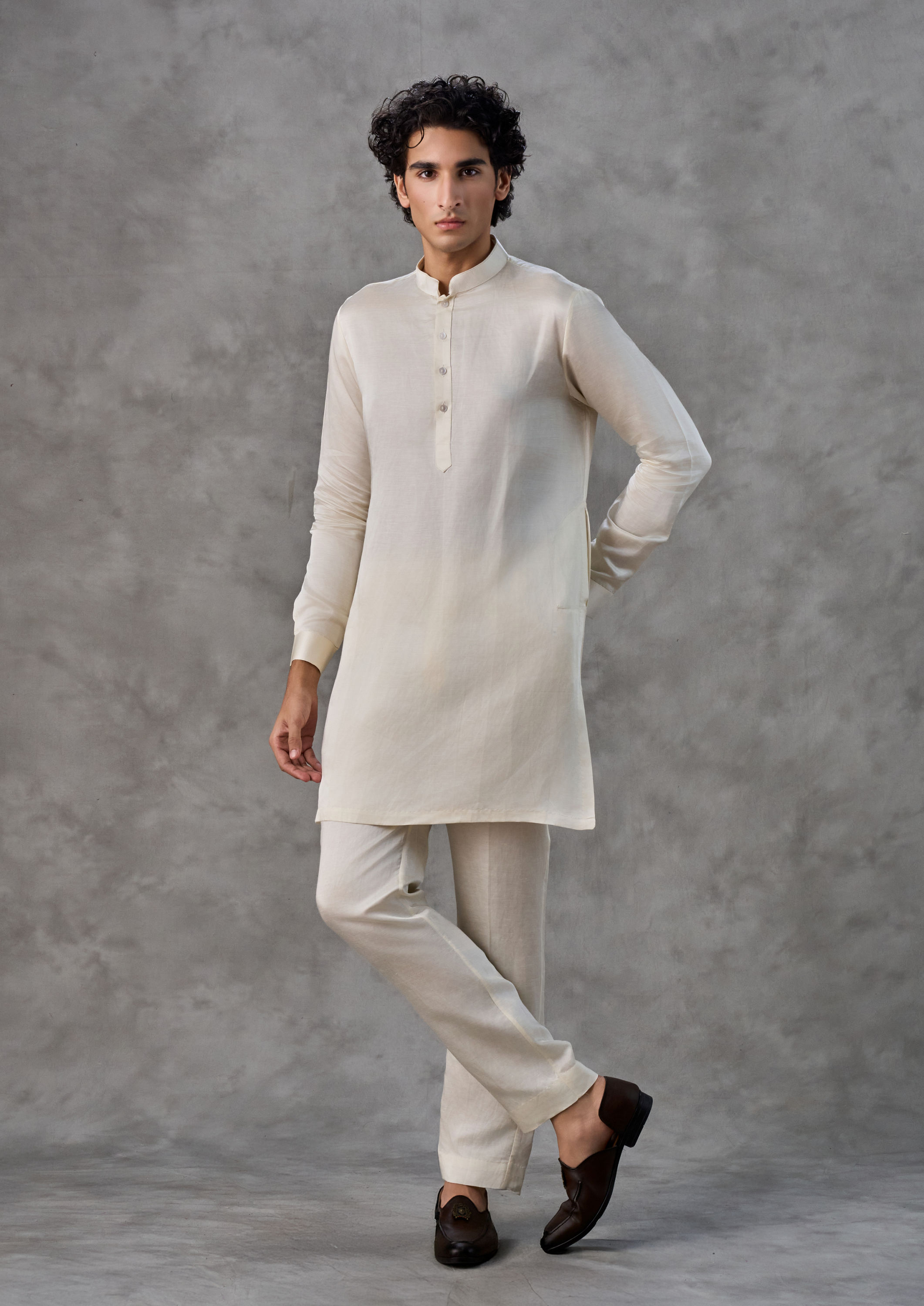 Twamev Men Cream Satin Kurta Jacket Set