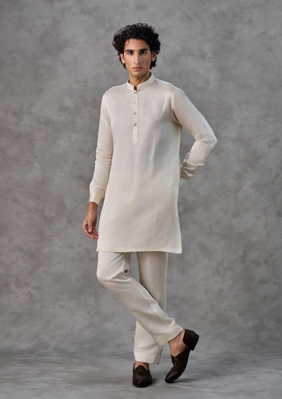 Twamev Men Cream Satin Kurta Jacket Set