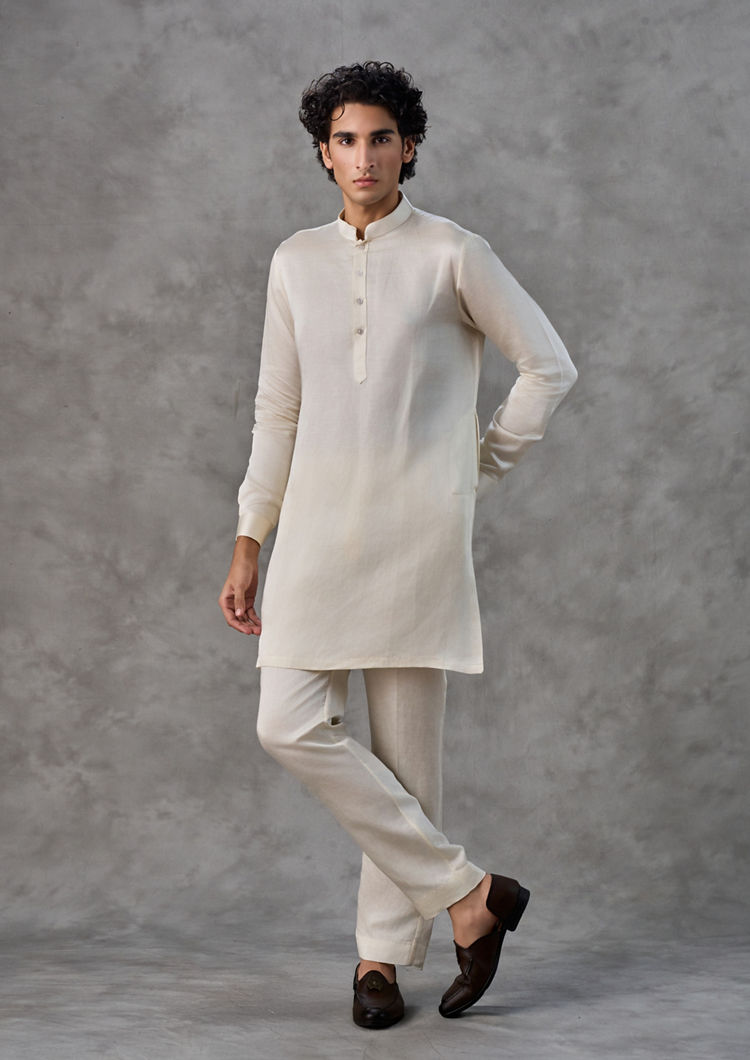 Twamev Men Cream Satin Kurta Jacket Set