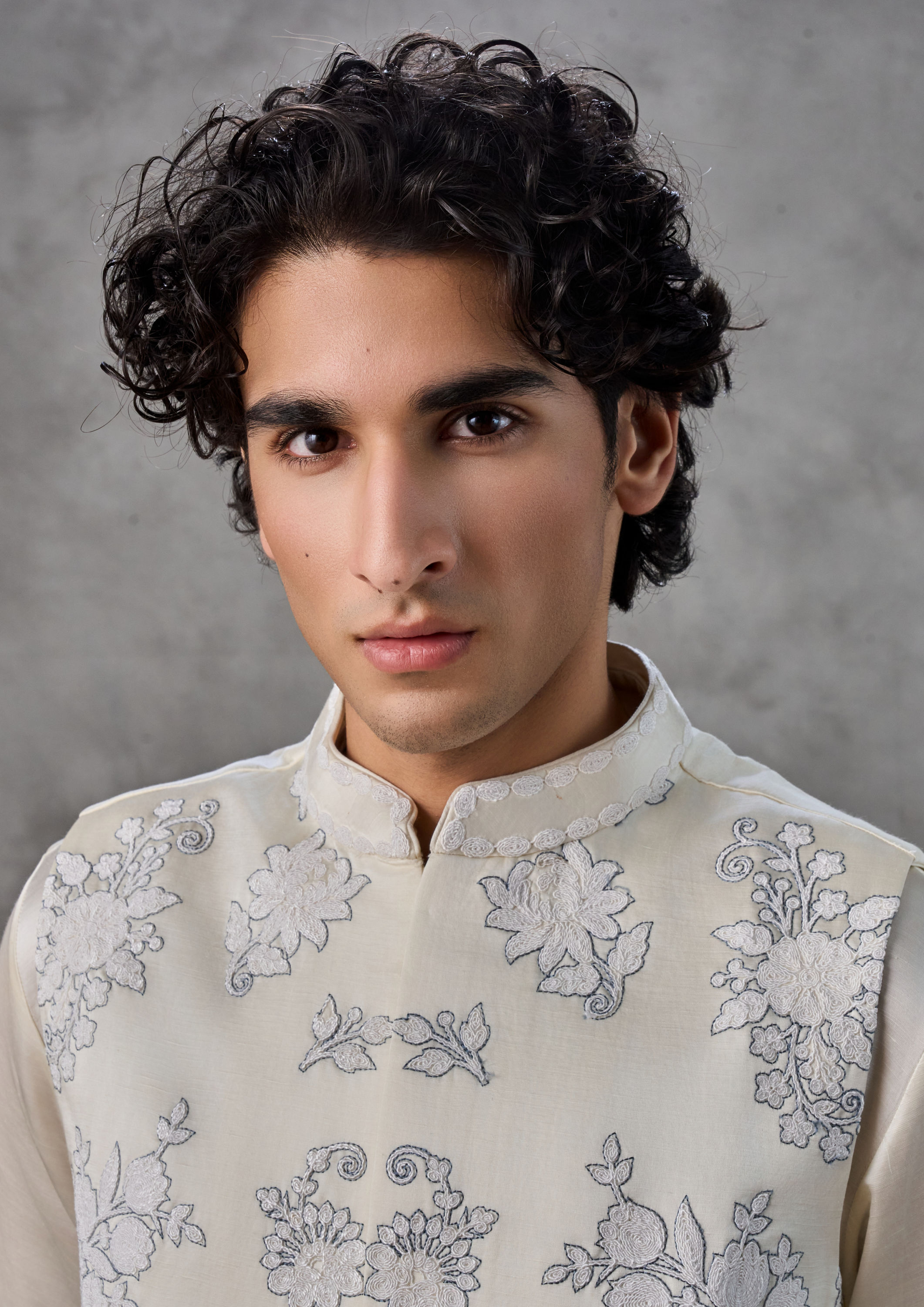 Twamev Men Cream Satin Kurta Jacket Set