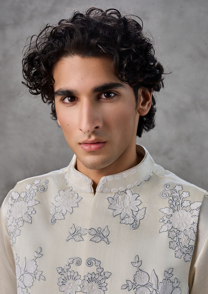 Twamev Men Cream Satin Kurta Jacket Set