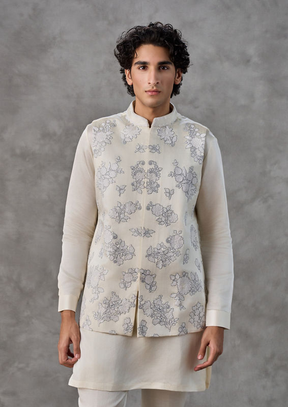Twamev Men Cream Satin Kurta Jacket Set