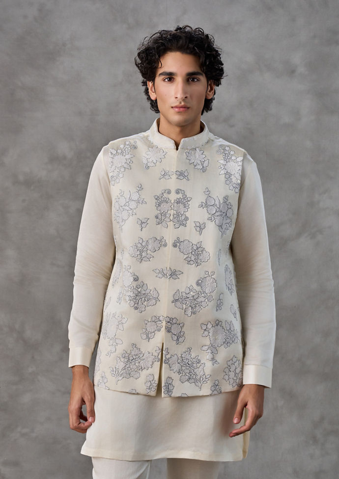 Twamev Men Cream Satin Kurta Jacket Set