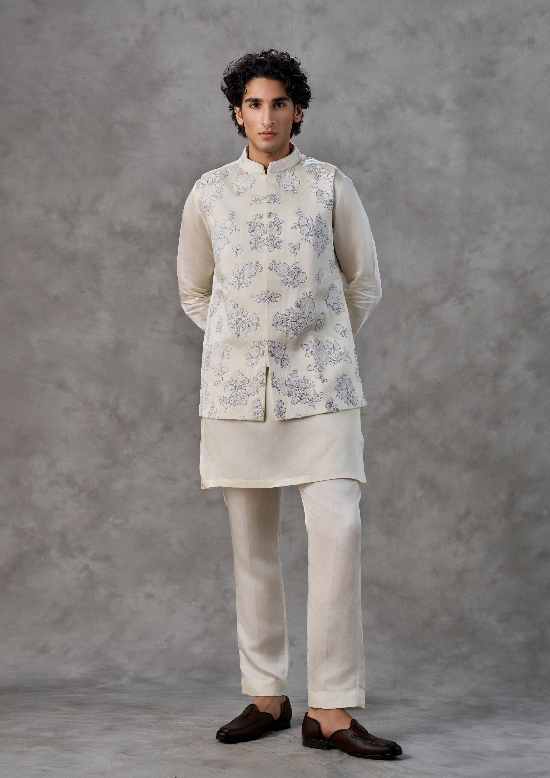 Twamev Men Cream Satin Kurta Jacket Set