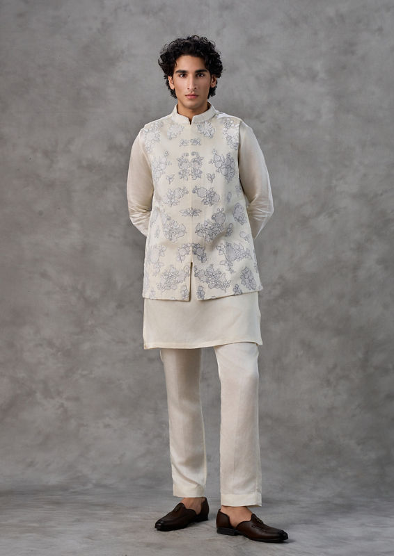 Twamev Men Cream Satin Kurta Jacket Set