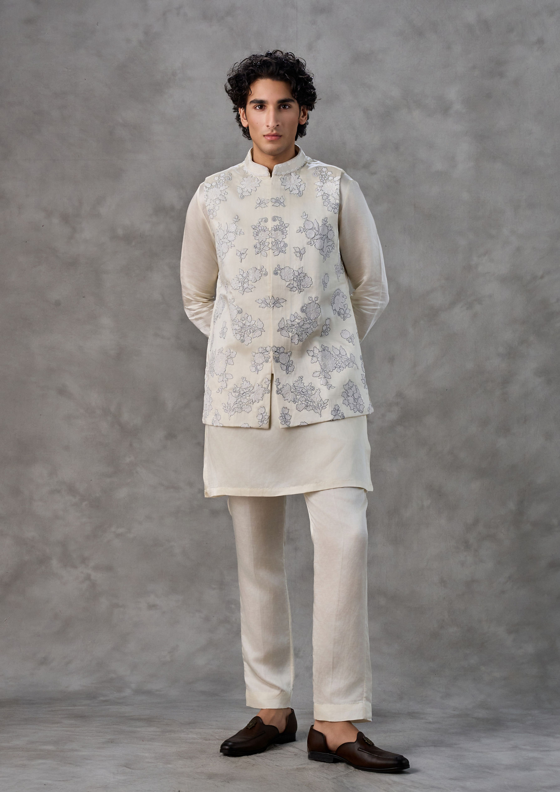 Twamev Men Cream Satin Kurta Jacket Set