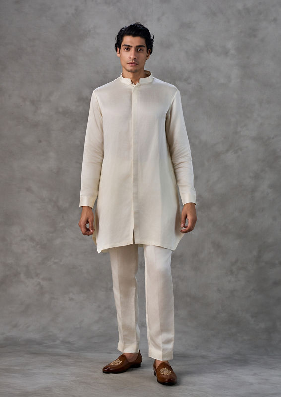 Twamev Men Cream Satin Elegance Kurta Jacket Set