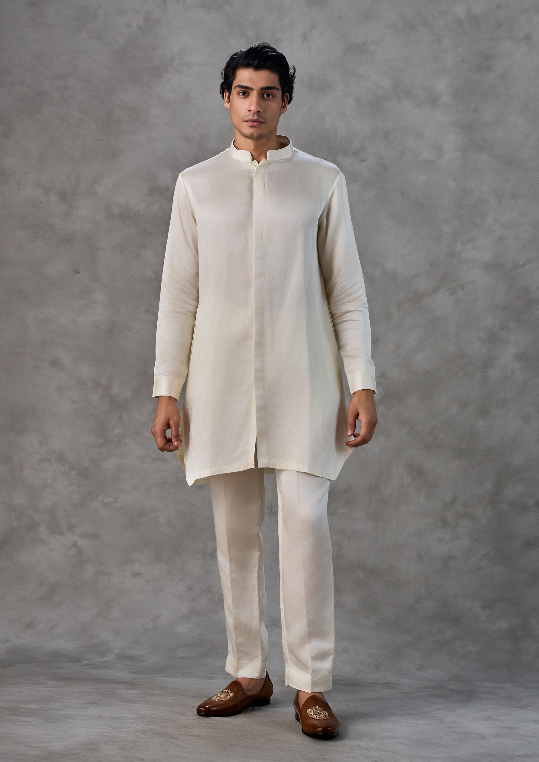 Twamev Men Cream Satin Elegance Kurta Jacket Set