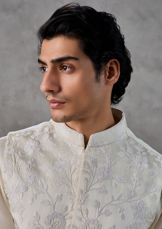 Twamev Men Cream Satin Elegance Kurta Jacket Set