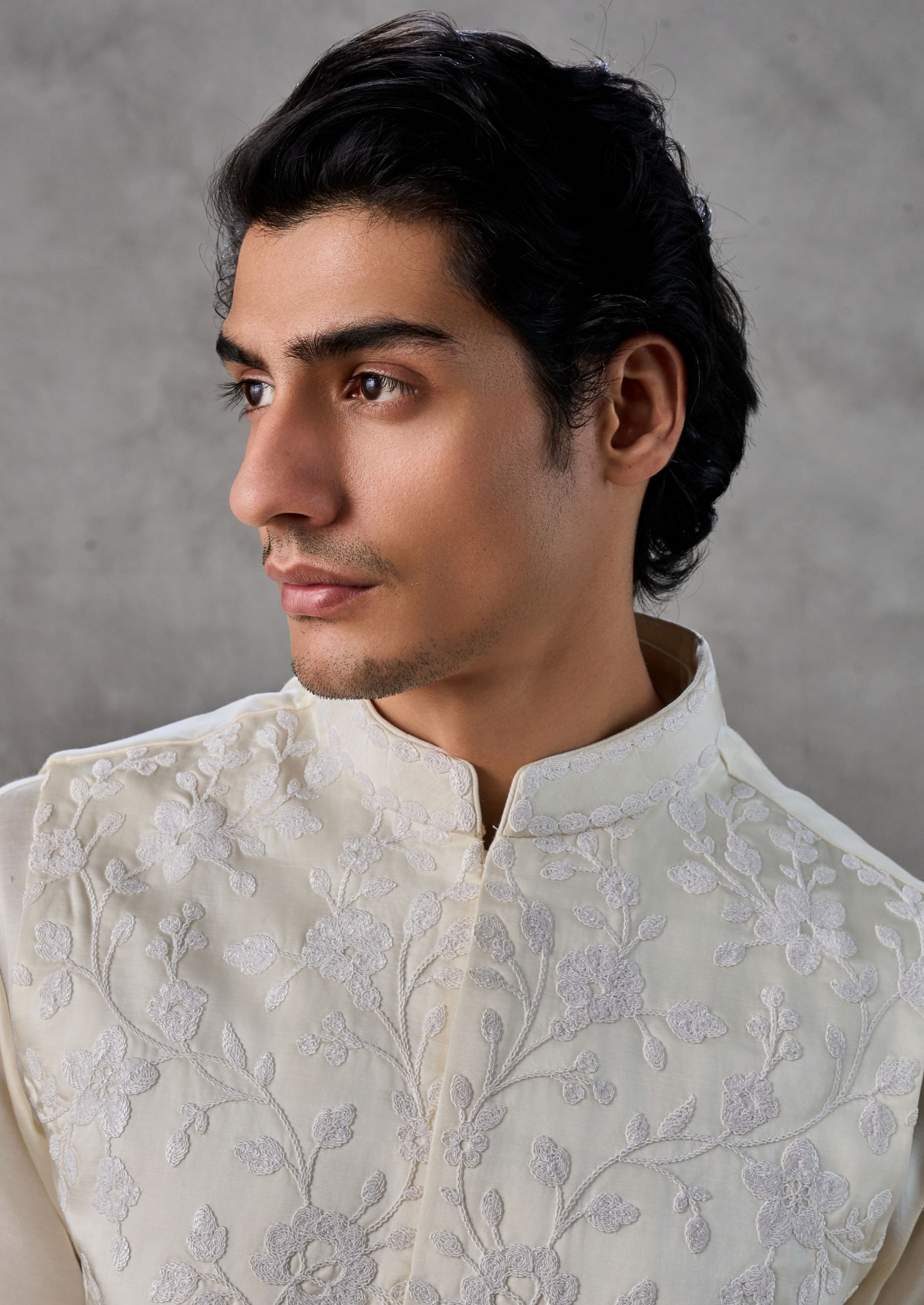 Twamev Men Cream Satin Elegance Kurta Jacket Set