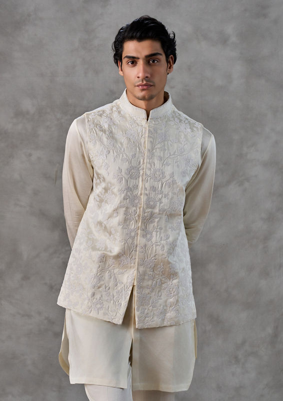 Twamev Men Cream Satin Elegance Kurta Jacket Set