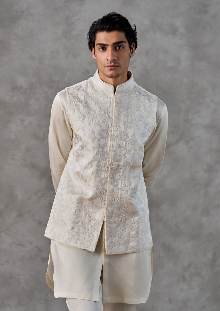 Twamev Men Cream Satin Elegance Kurta Jacket Set