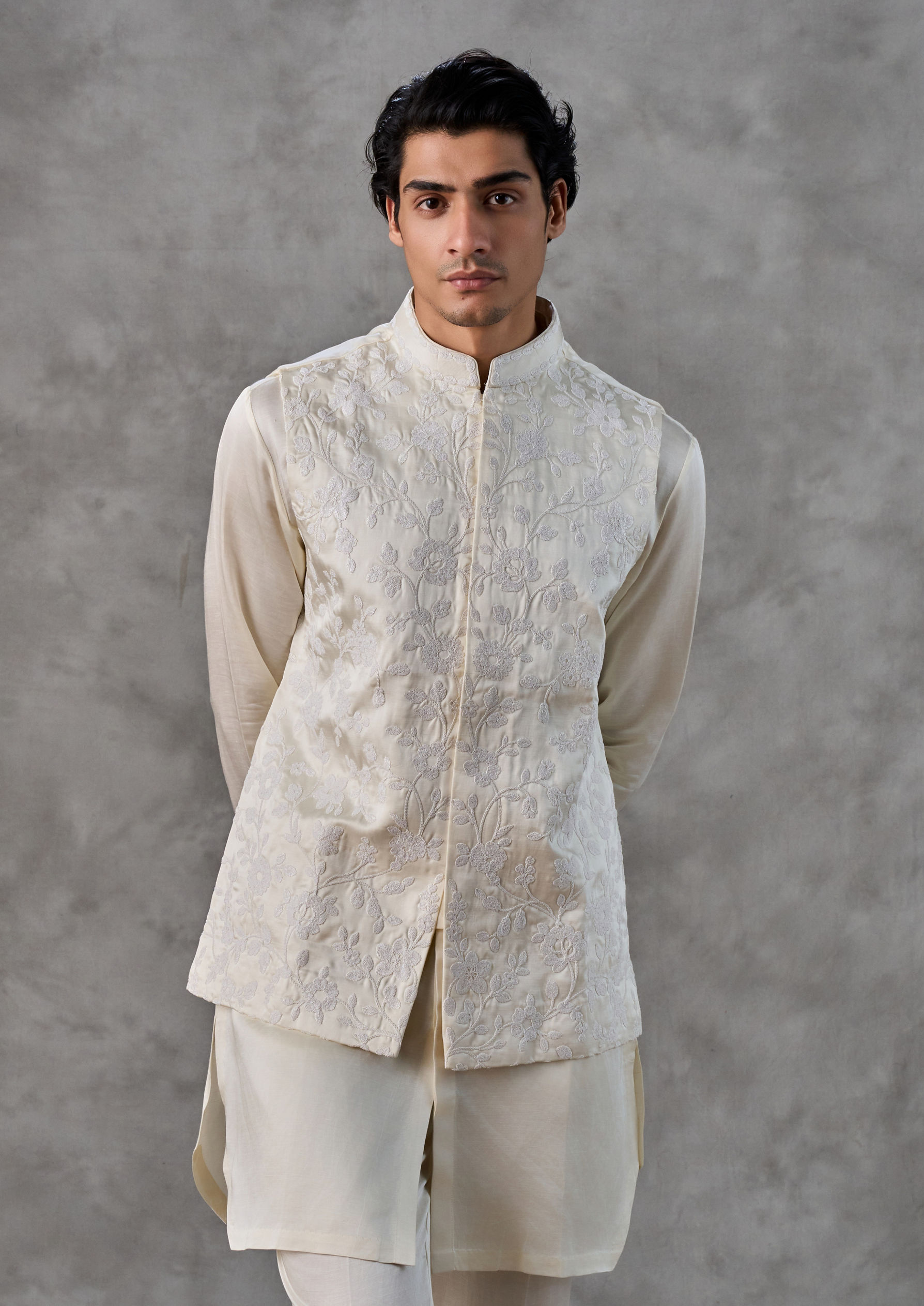 Twamev Men Cream Satin Elegance Kurta Jacket Set