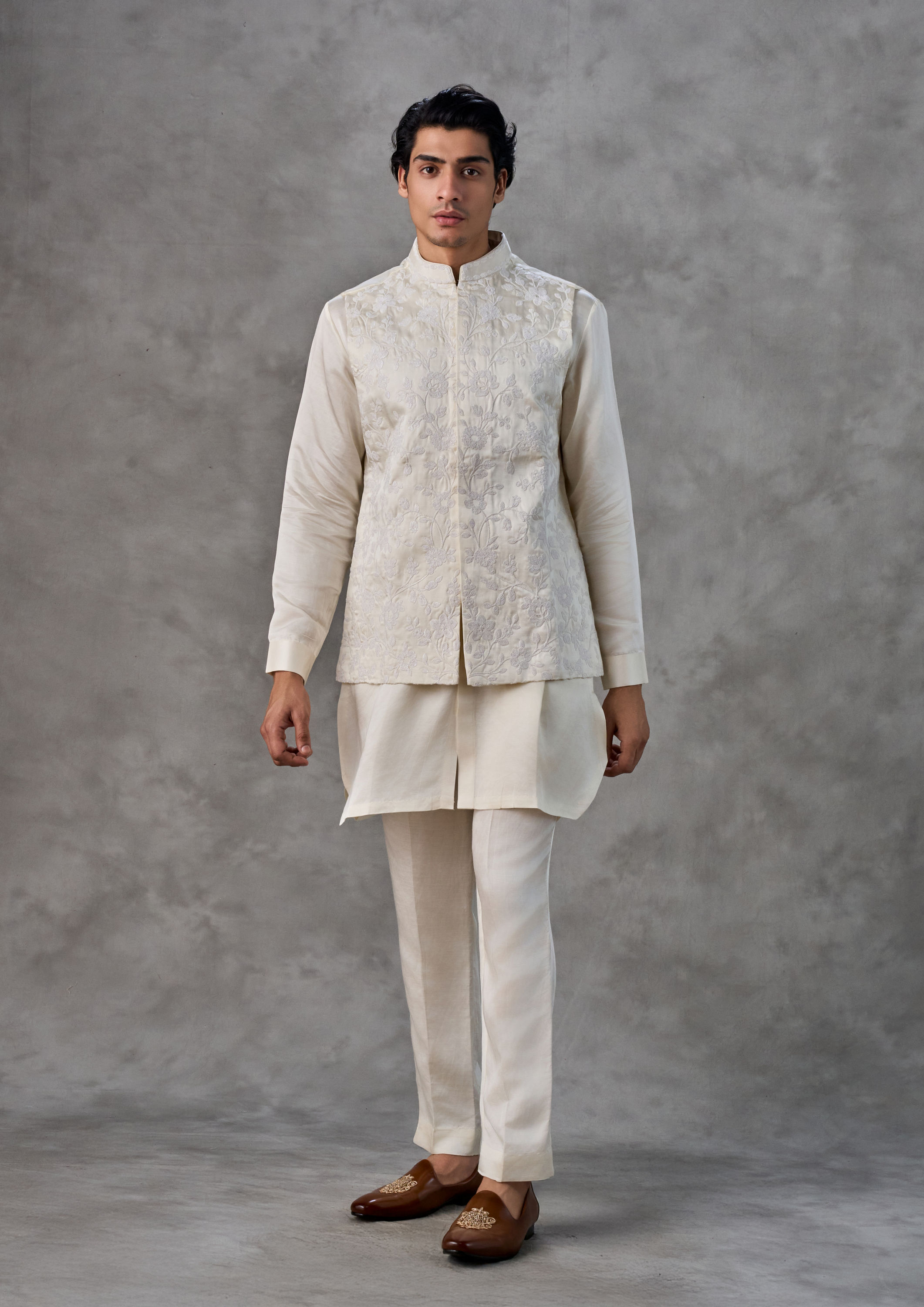 Twamev Men Cream Satin Elegance Kurta Jacket Set