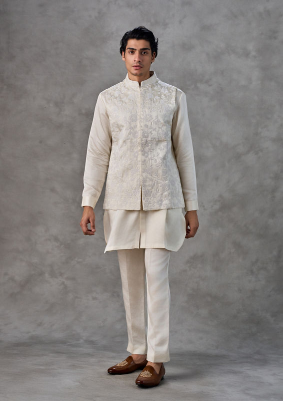 Twamev Men Cream Satin Elegance Kurta Jacket Set