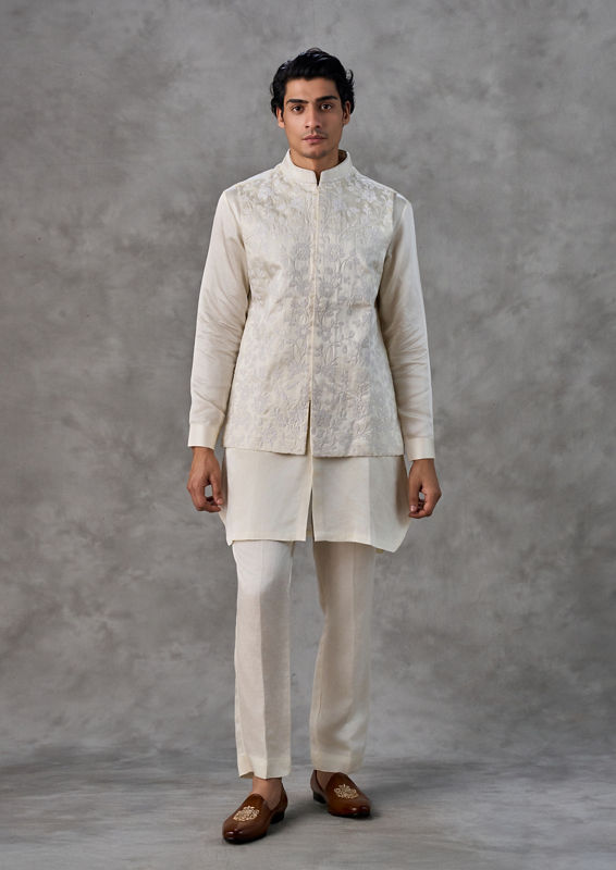 Twamev Men Cream Satin Elegance Kurta Jacket Set