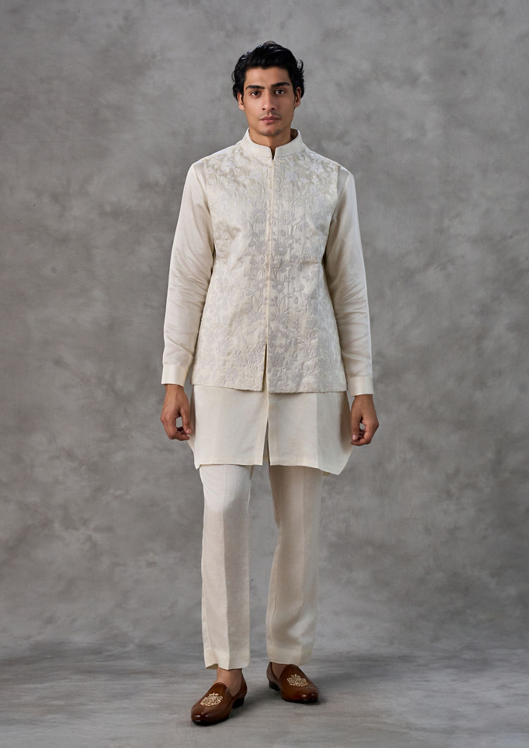 Twamev Men Cream Satin Elegance Kurta Jacket Set
