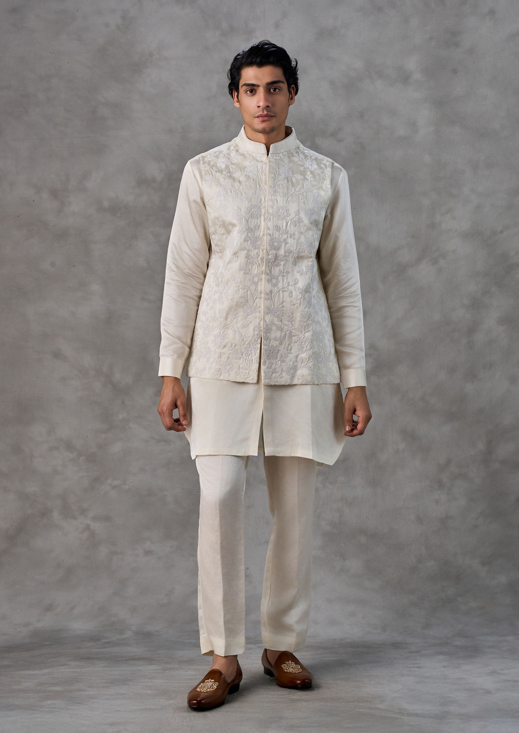 Twamev Men Cream Satin Elegance Kurta Jacket Set