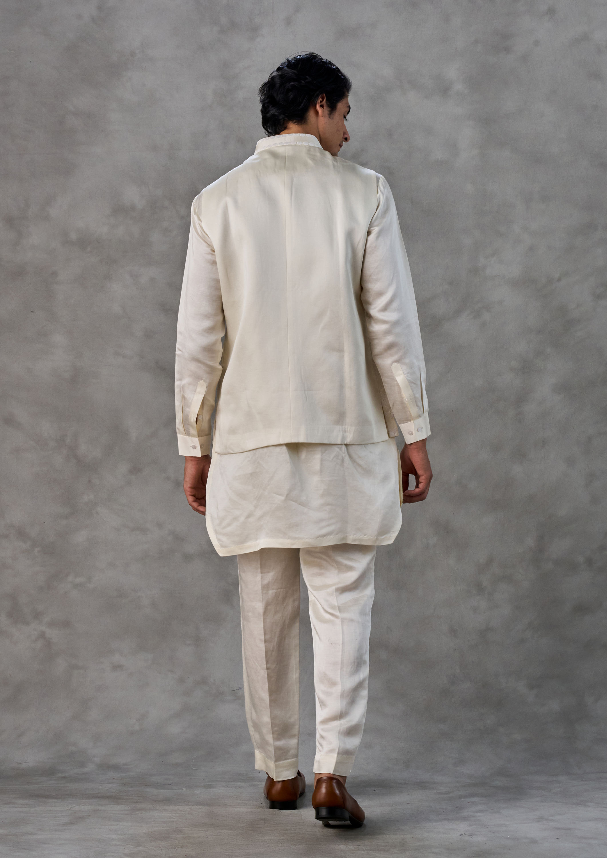 Twamev Men Cream Satin Elegance Kurta Jacket Set