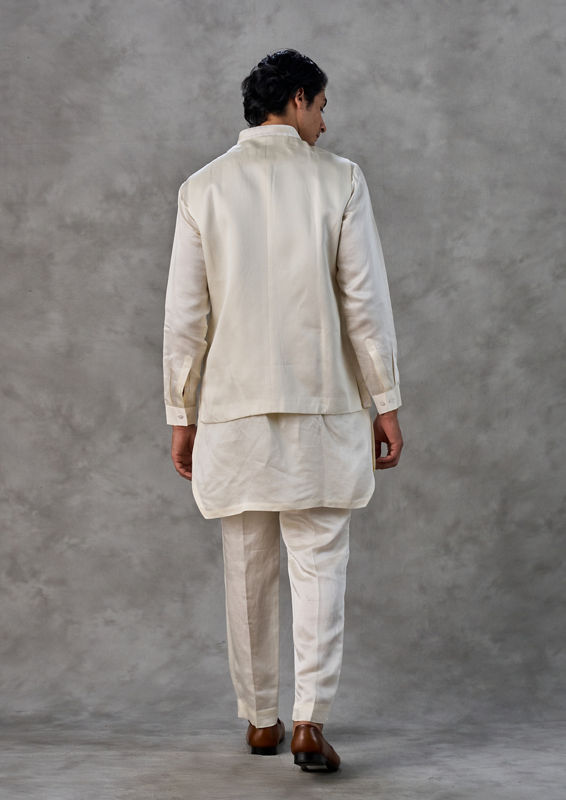 Twamev Men Cream Satin Elegance Kurta Jacket Set