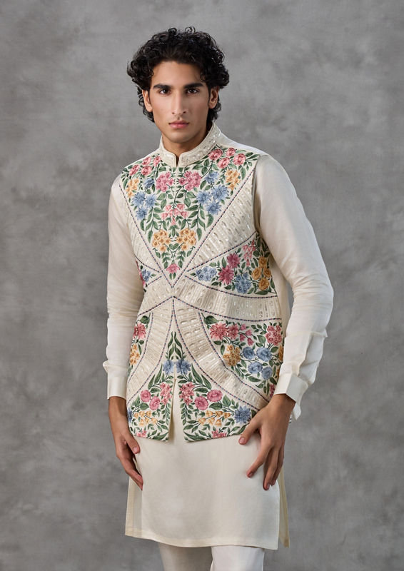 Twamev Men Cream Satin Elegance Kurta Jacket Set