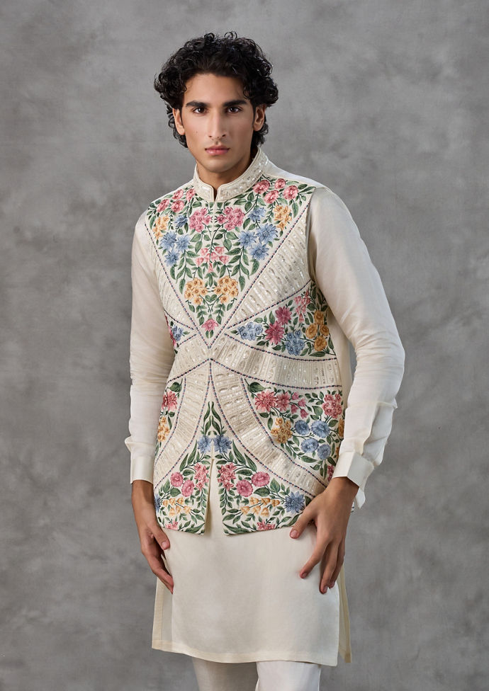 Twamev Men Cream Satin Elegance Kurta Jacket Set