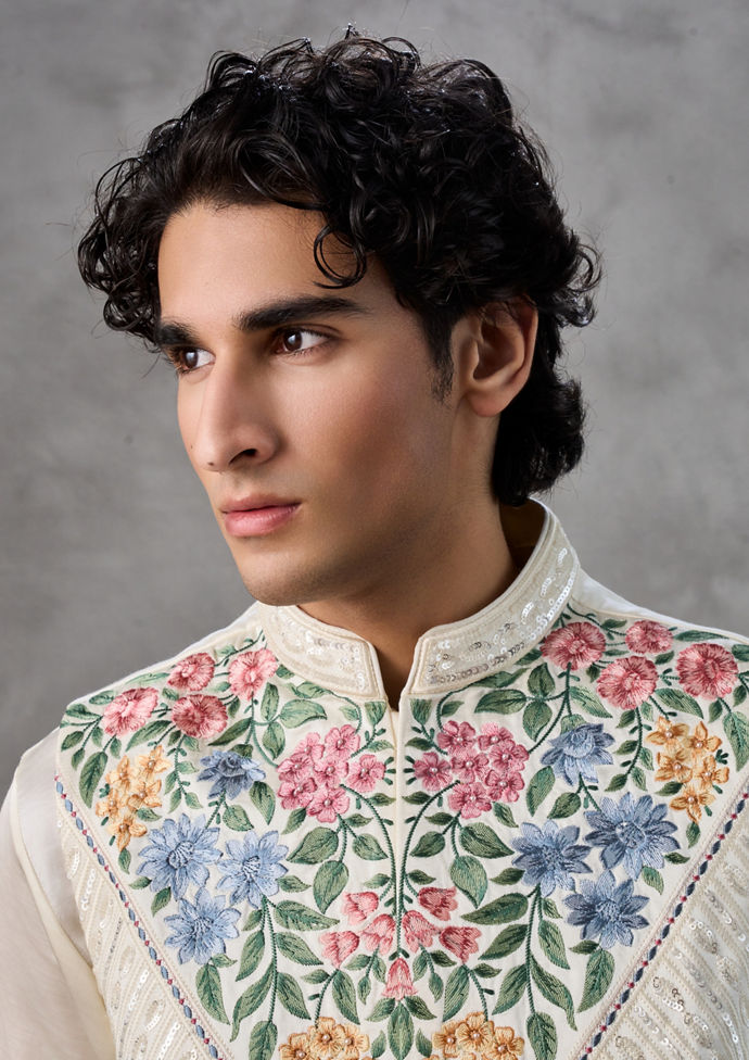 Twamev Men Cream Satin Elegance Kurta Jacket Set