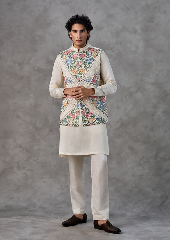 Twamev Men Cream Satin Elegance Kurta Jacket Set