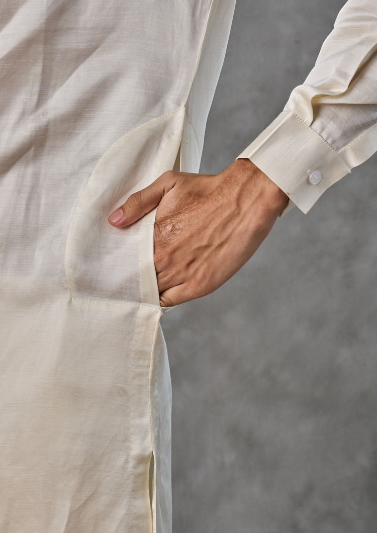 Twamev Men Cream Satin Elegance Kurta Jacket Set