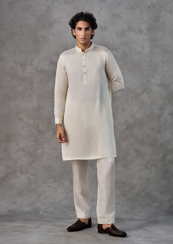 Twamev Men Cream Satin Elegance Kurta Jacket Set