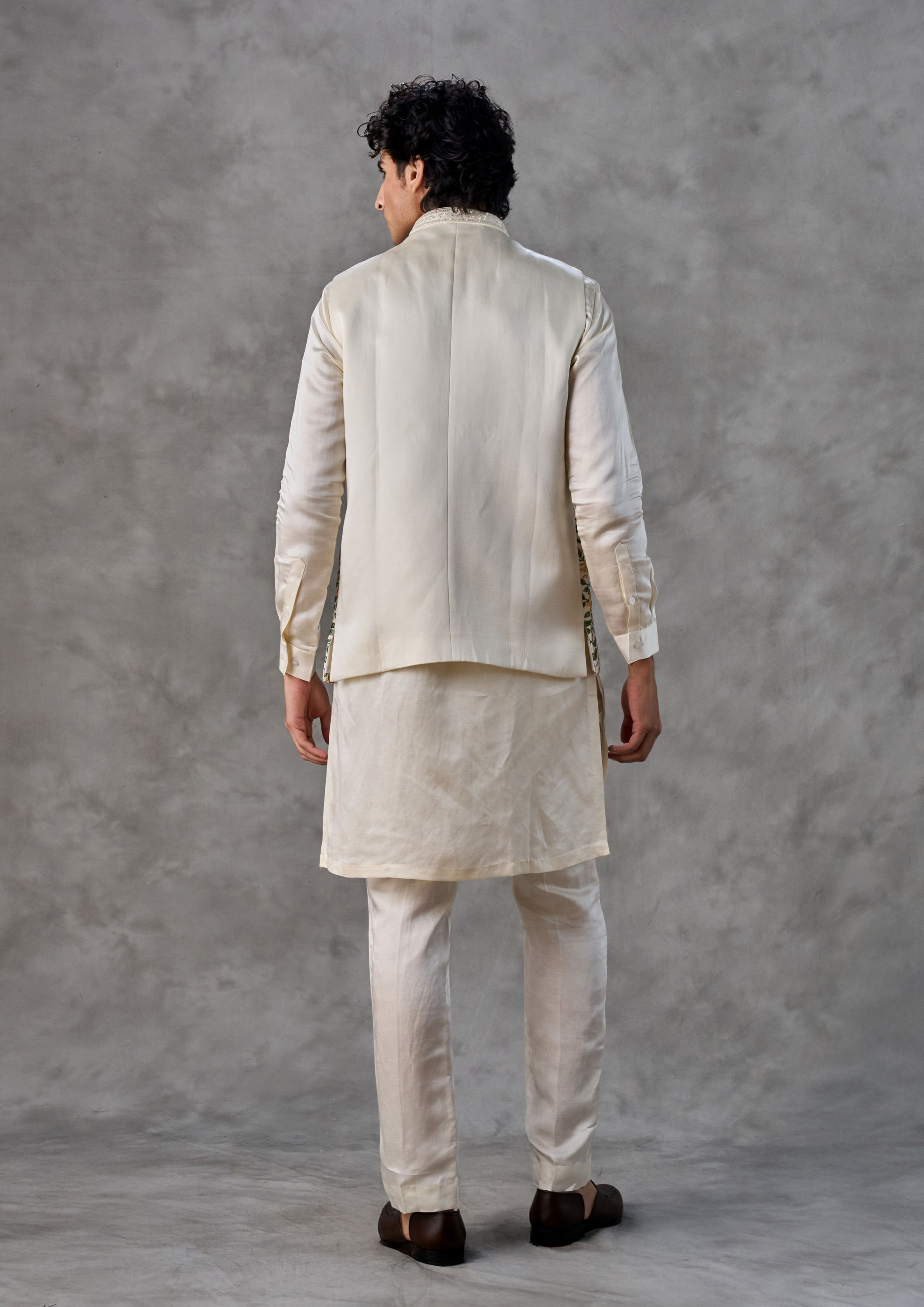 Twamev Men Cream Satin Elegance Kurta Jacket Set