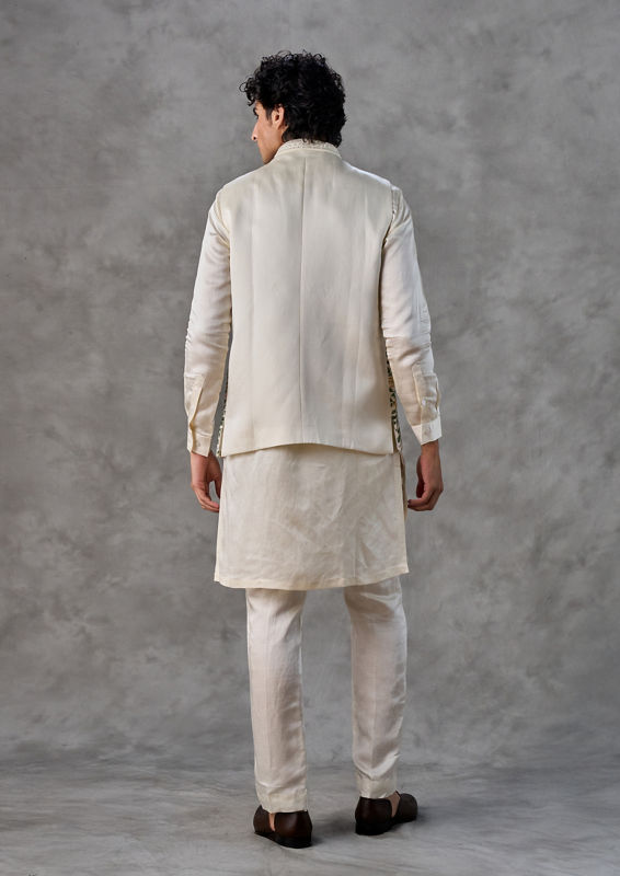 Twamev Men Cream Satin Elegance Kurta Jacket Set