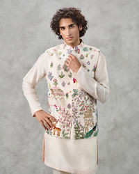 Twamev Men Cream Silk Multicolour Pichwai Aari Embroidered Kurta Jacket Set