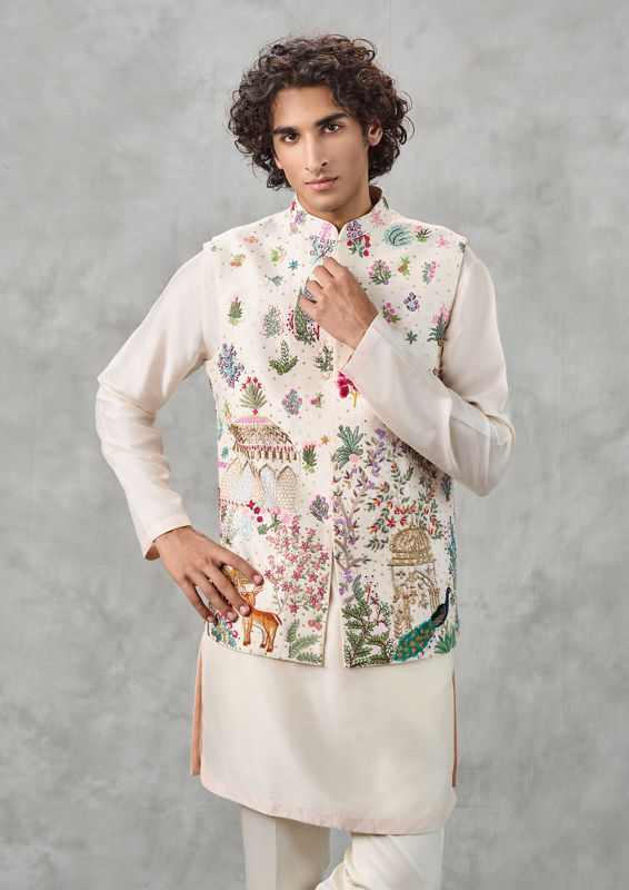 Twamev Men Cream Silk Multicolour Pichwai Aari Embroidered Kurta Jacket Set