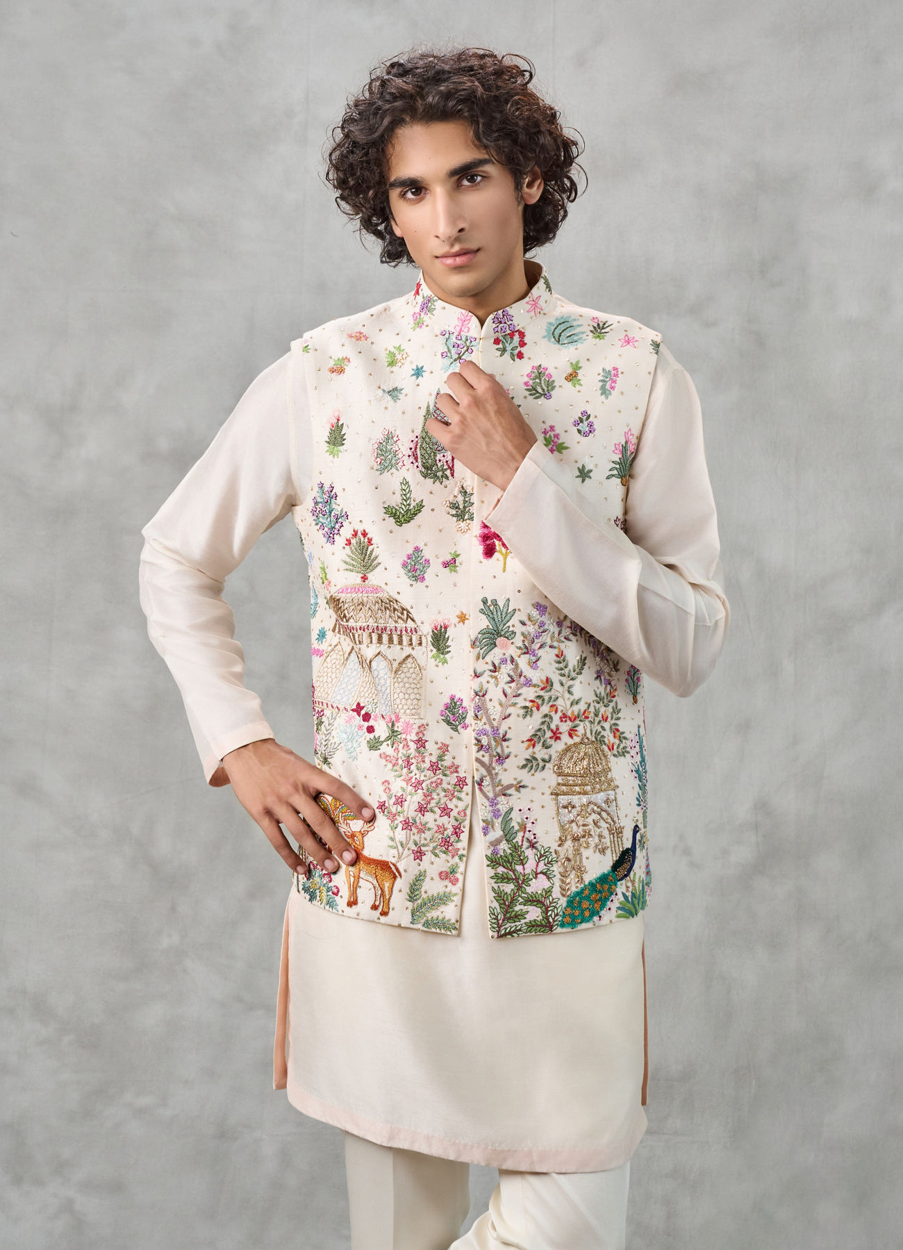 Twamev Men Cream Silk Multicolour Pichwai Aari Embroidered Kurta Jacket Set