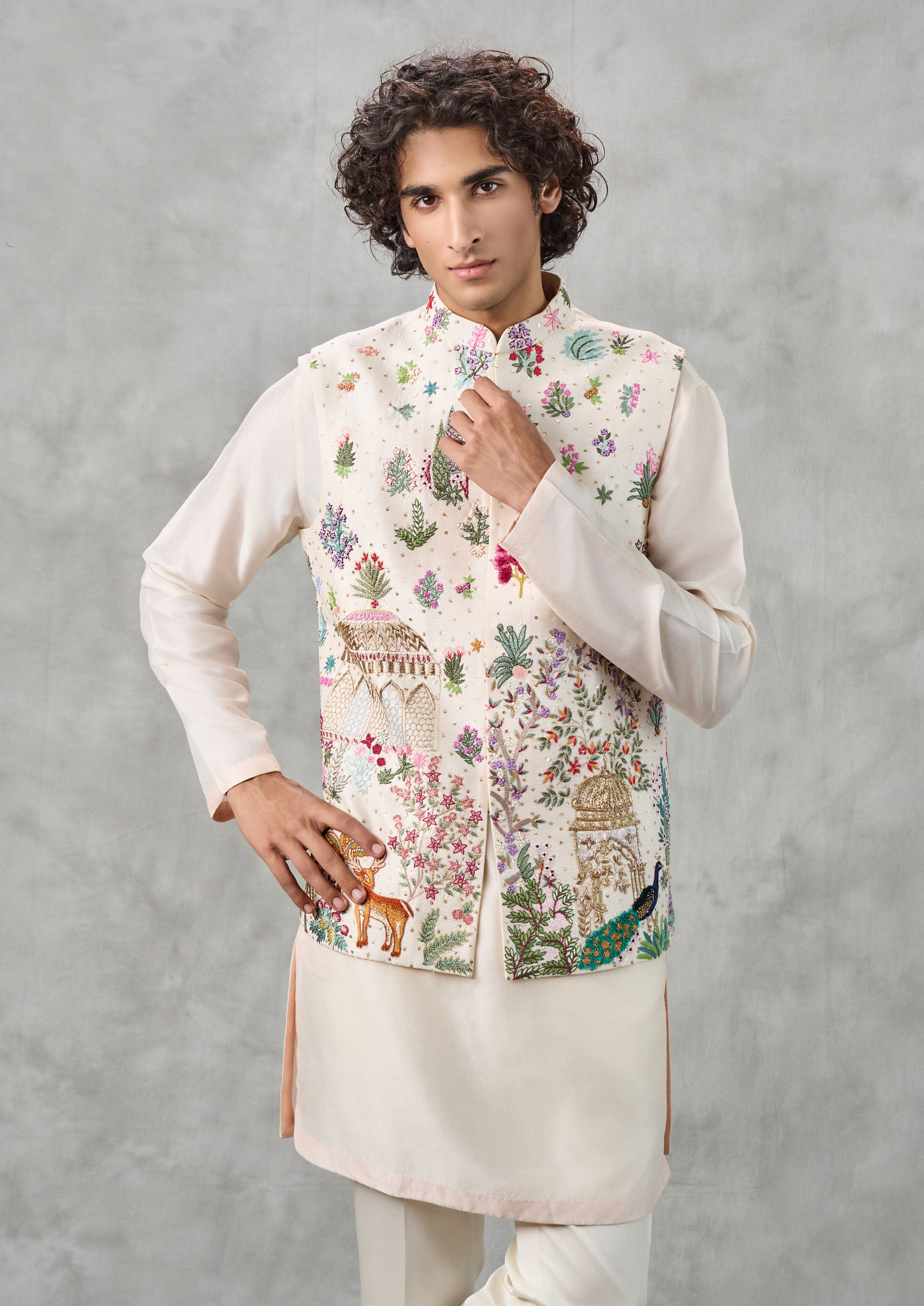 Twamev Men Cream Silk Multicolour Pichwai Aari Embroidered Kurta Jacket Set