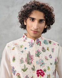 Twamev Men Cream Silk Multicolour Pichwai Aari Embroidered Kurta Jacket Set
